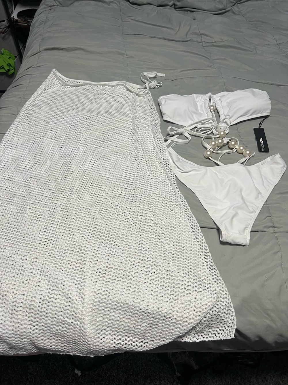 Fashion Nova White Crochet Cover-Up with Pearl-Accent White Bikini